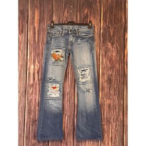 P&Y Denim Jeans Womens Size 38 Blue Floral Patch Distressed Flare Low Rise
